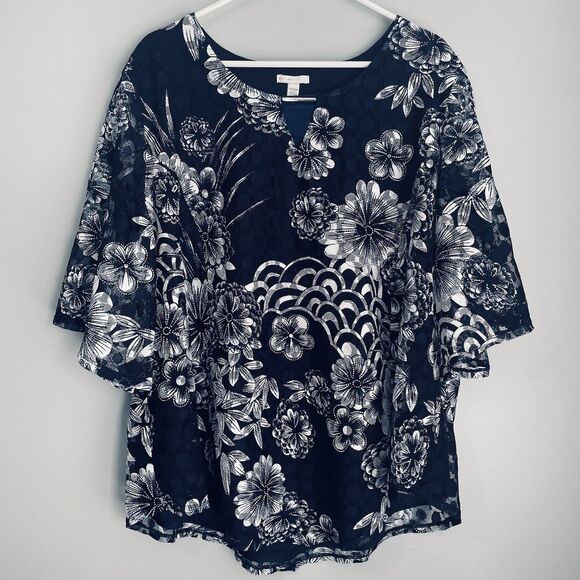 Est. 1946 Women's Short Sleeve Blouse Size 26W/28W Navy Blue Floral Overlay - Picture 1 of 16